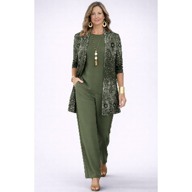 Womens Casual Printed Cardigan Long Sleeve Top and Pants Set