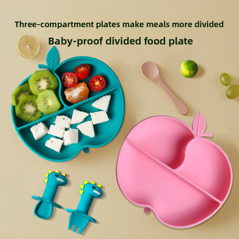 Cartoon Apple Silicone Baby Feeding Plate with Suction Cup
