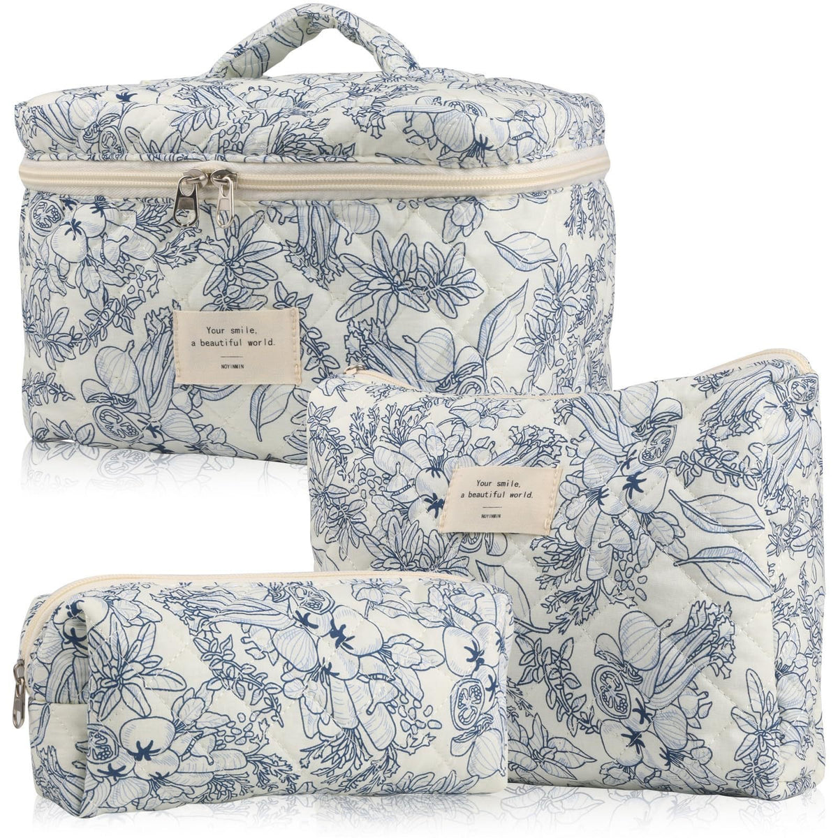 Quilted Cotton Floral Print Makeup Bag with Large Capacity for Travel
