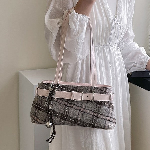 Textured Plaid Chain Shoulder Bag