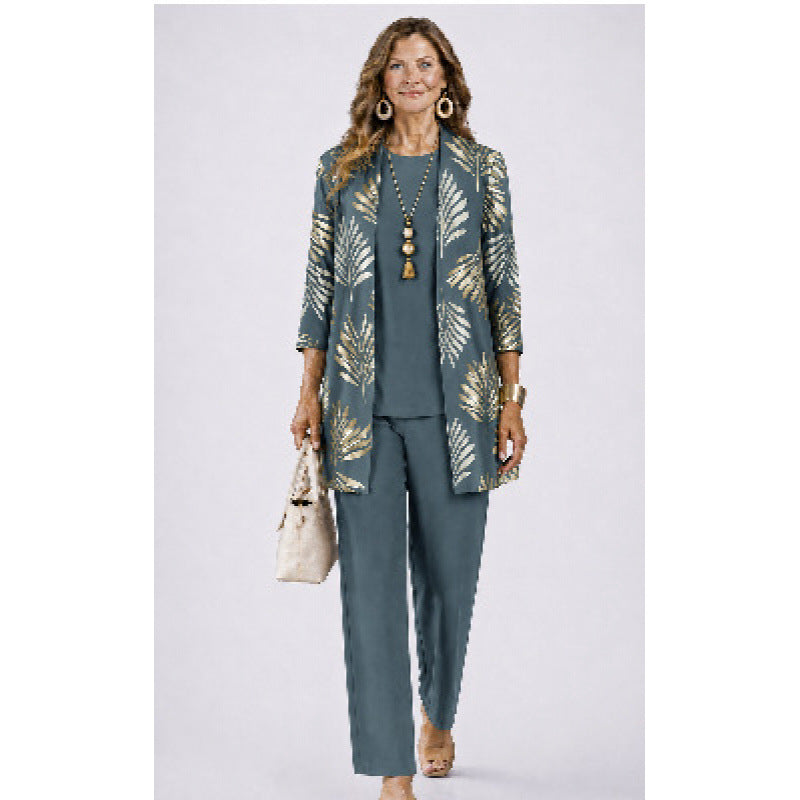 Womens Casual Printed Cardigan Long Sleeve Top and Pants Set