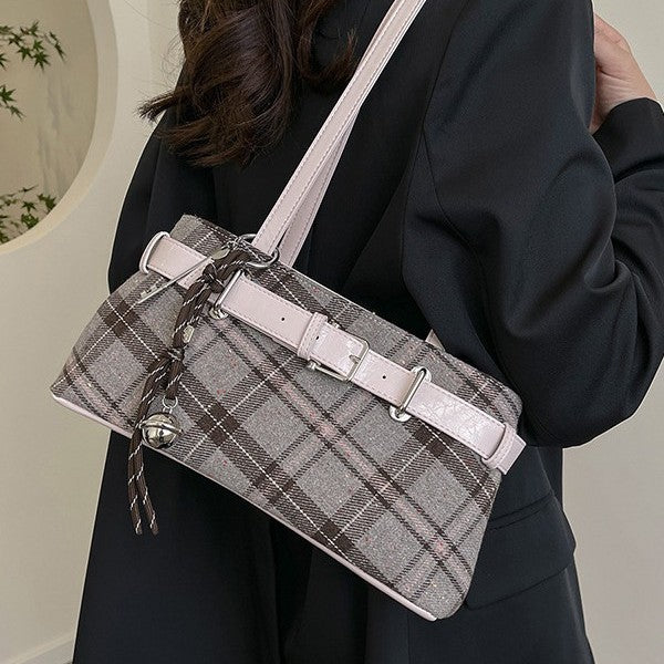 Textured Plaid Chain Shoulder Bag