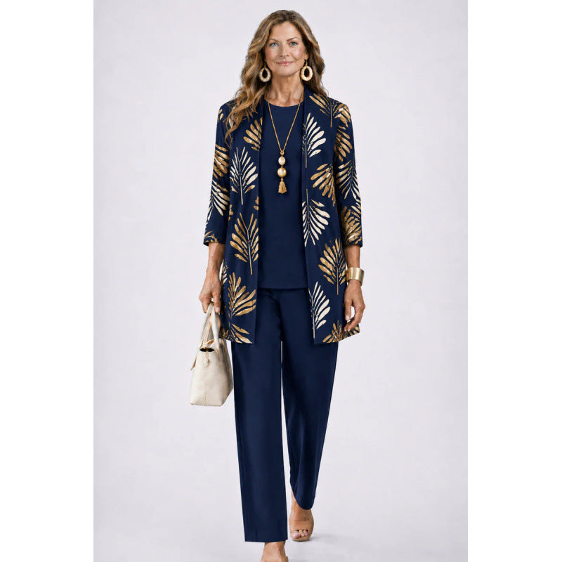 Womens Casual Printed Cardigan Long Sleeve Top and Pants Set