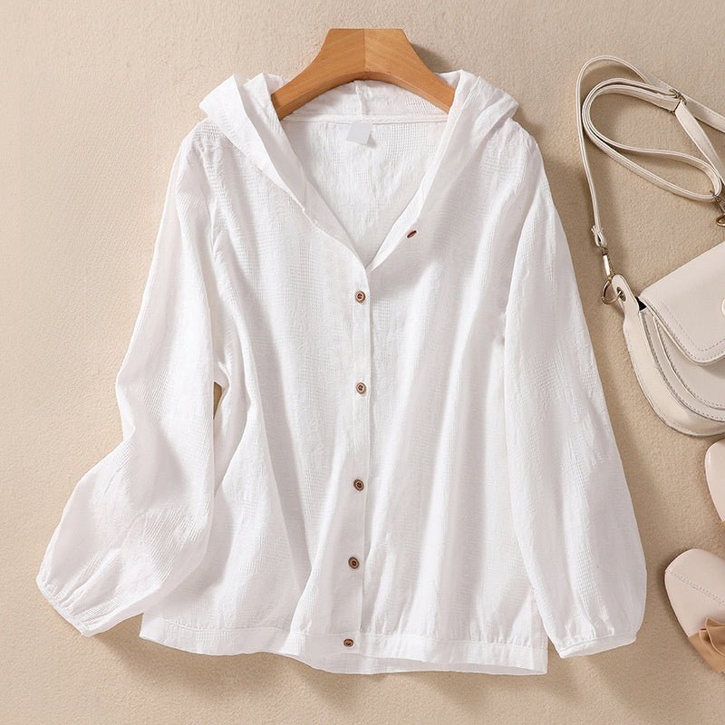 Cotton and Linen Shirts for Women in Spring and Autumn, Large Size Loose Shirts for Plus-Size Women, Hooded Cardigans, Long-Sleeved Tops, Casual and Versatile - RAINSTAR