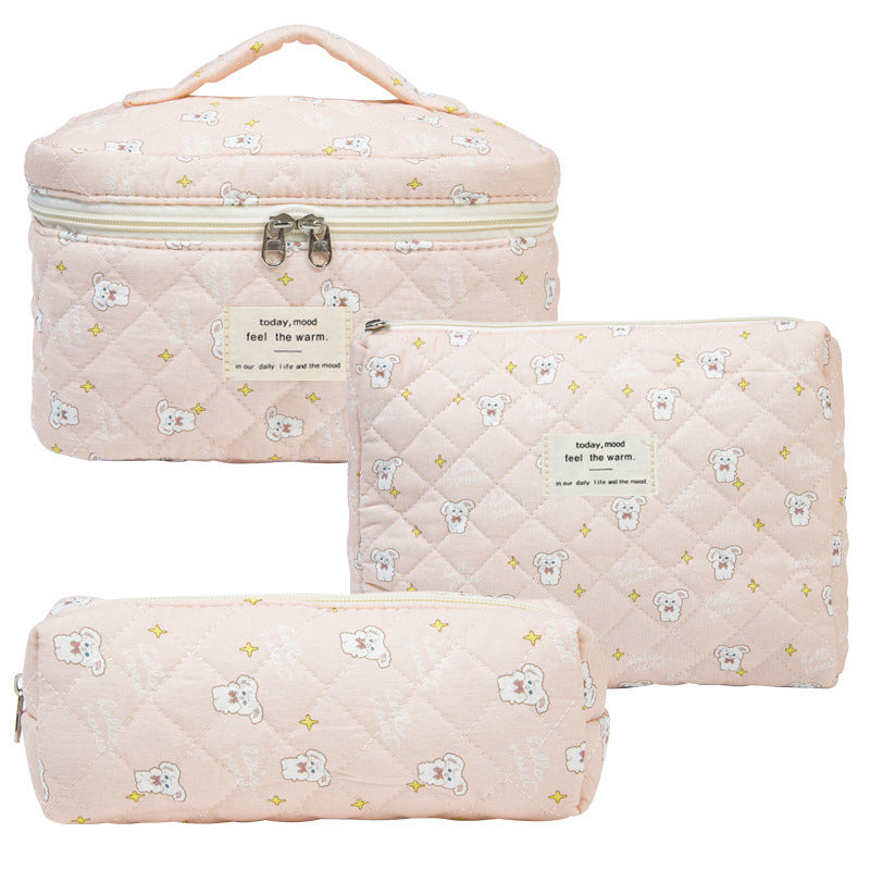 Quilted Cotton Floral Print Makeup Bag with Large Capacity for Travel