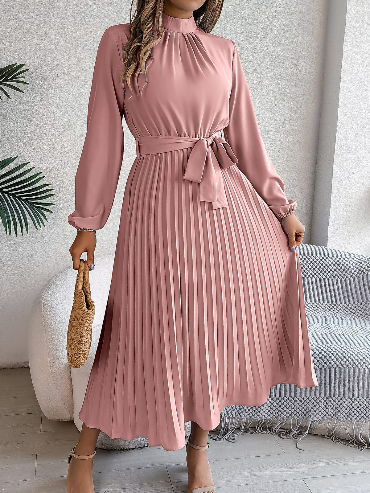 Elegant Stand Collar Pleated Long Dress - RAINSTAR