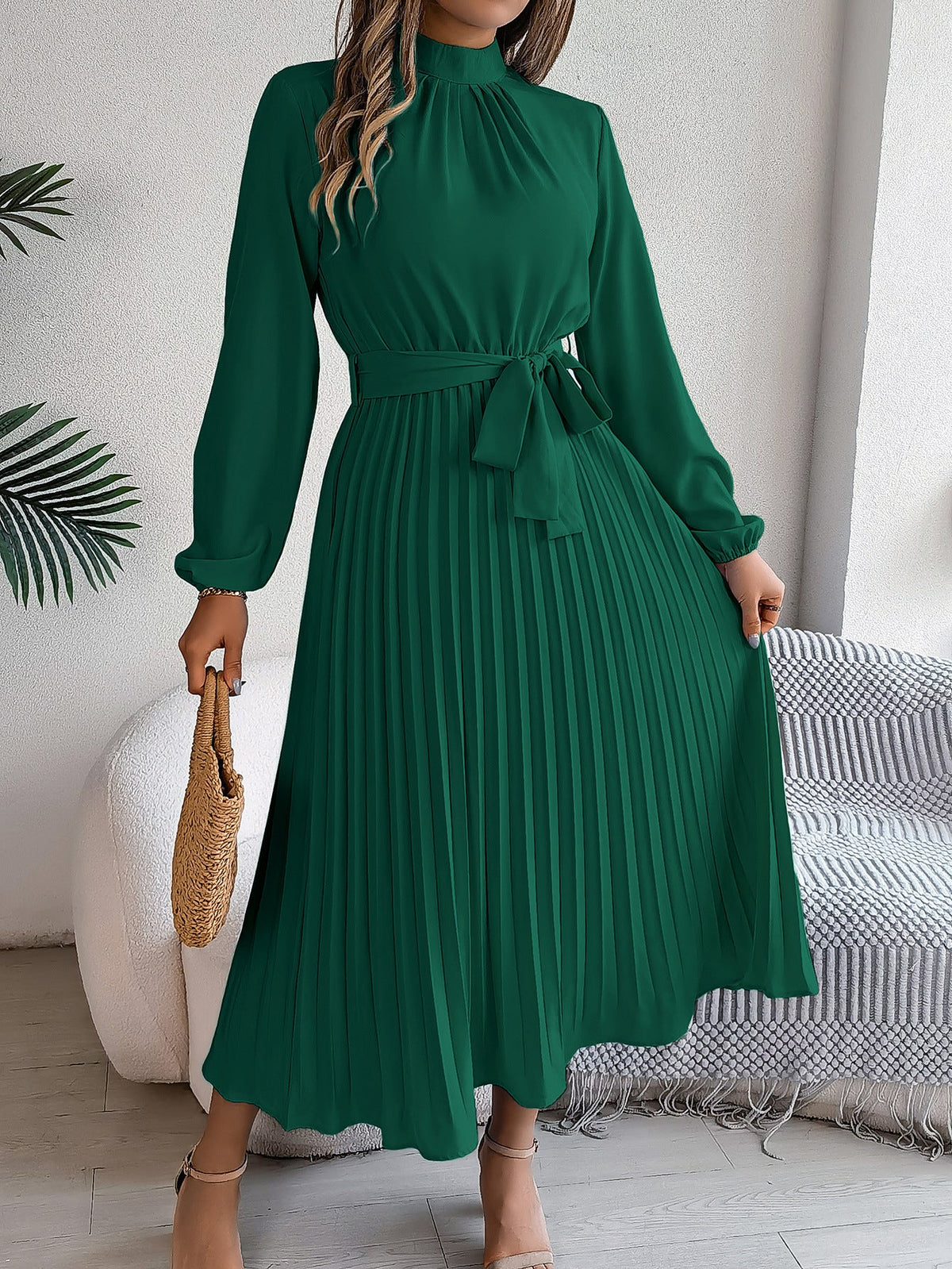 Elegant Stand Collar Pleated Long Dress - RAINSTAR