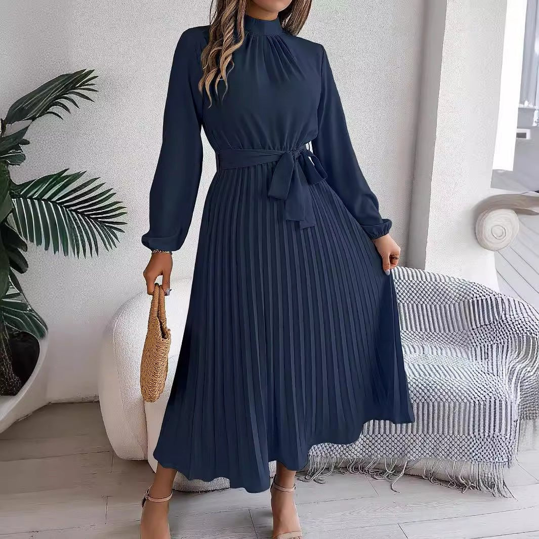 Elegant Stand Collar Pleated Long Dress - RAINSTAR