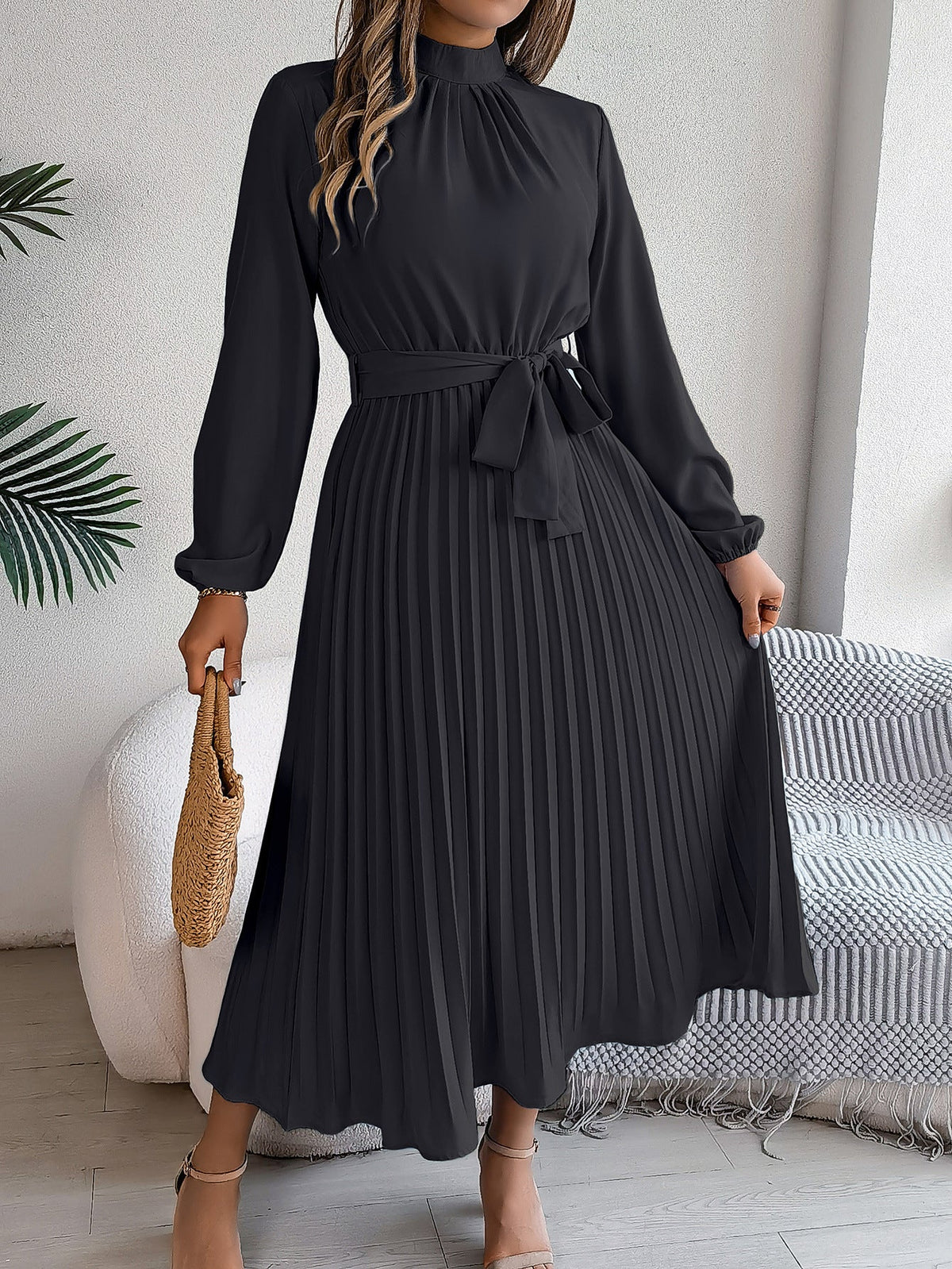 Elegant Stand Collar Pleated Long Dress - RAINSTAR
