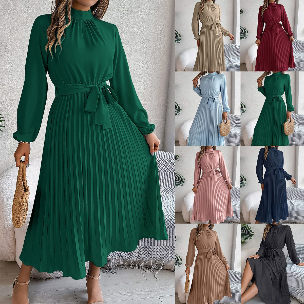 Elegant Stand Collar Pleated Long Dress - RAINSTAR