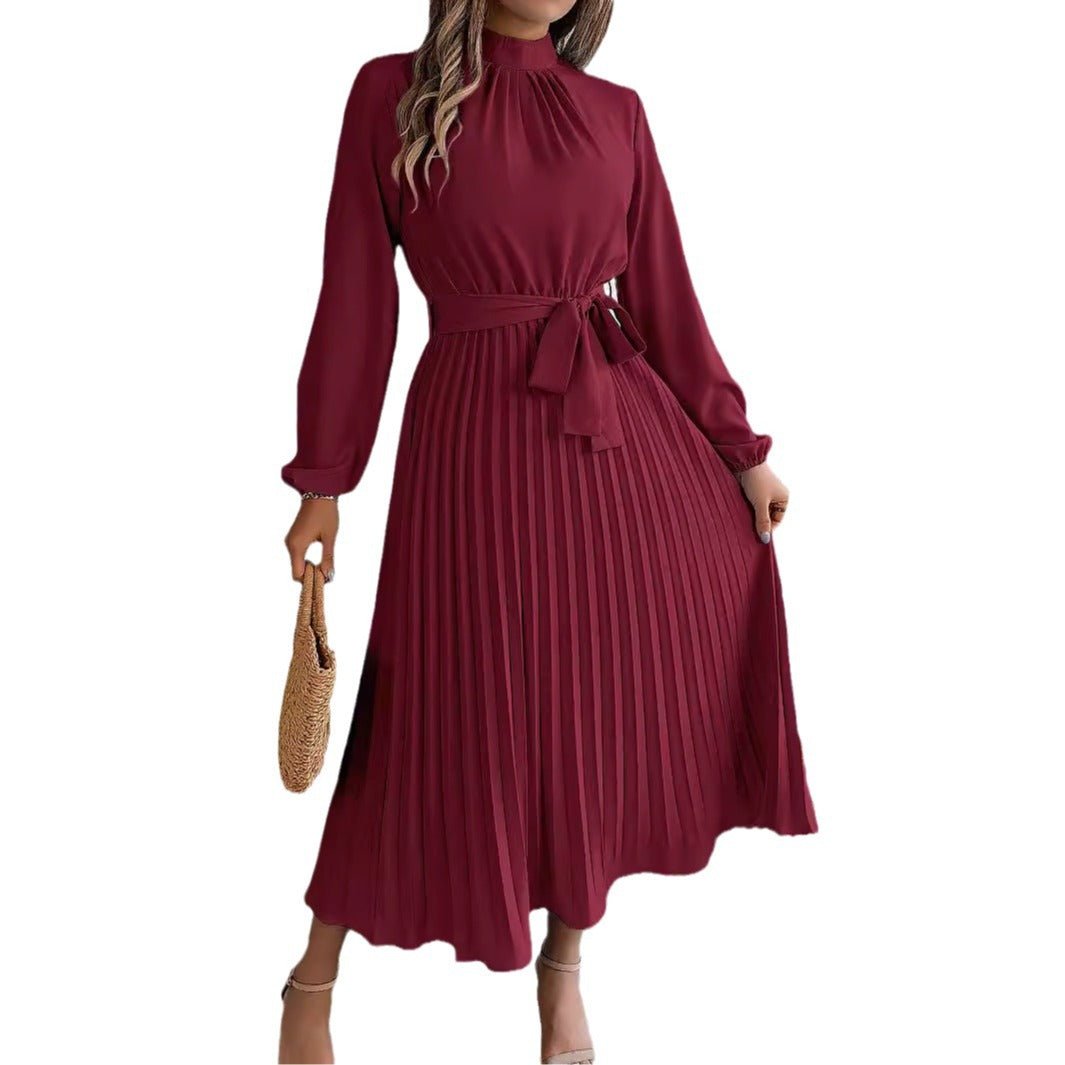 Elegant Stand Collar Pleated Long Dress - RAINSTAR