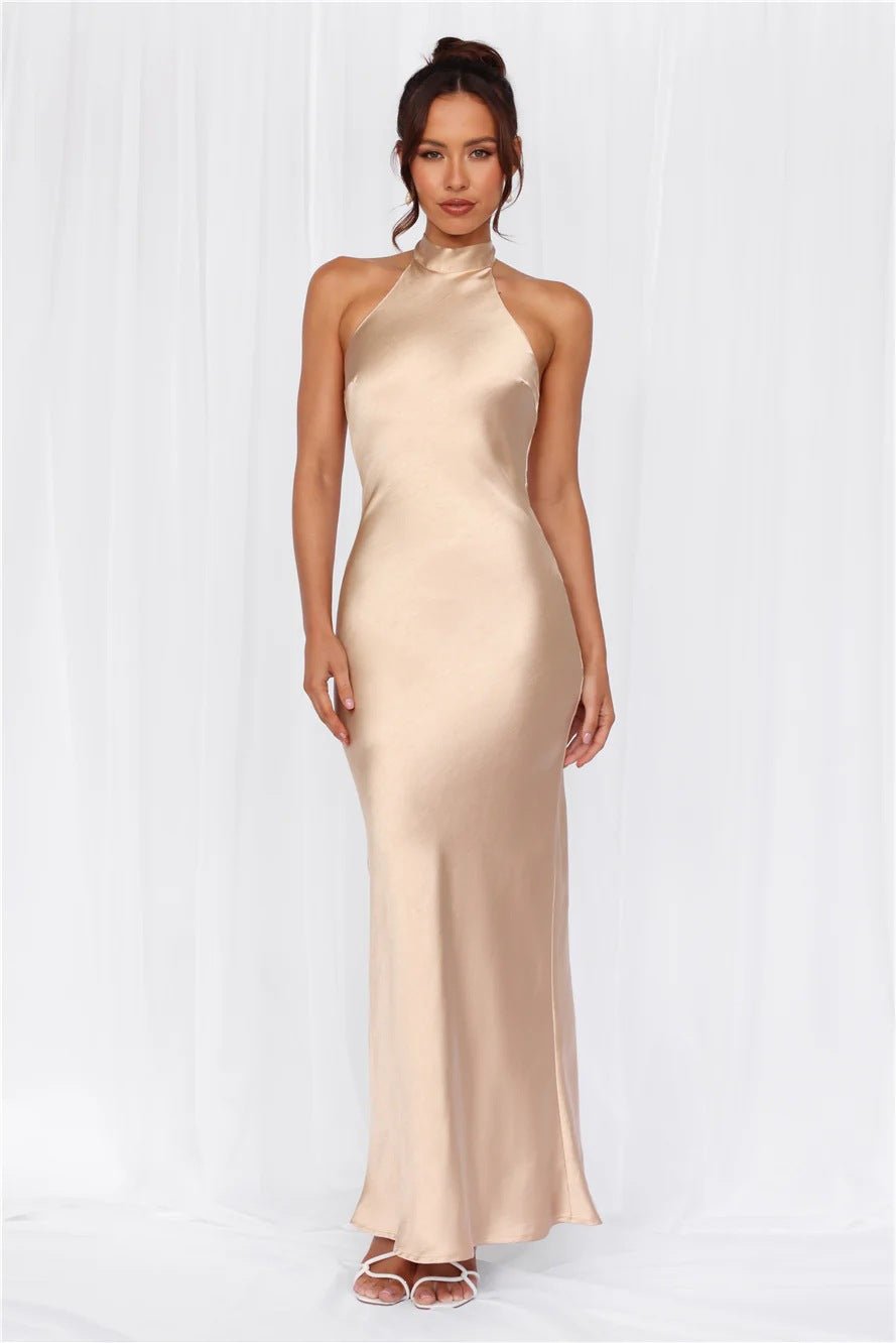 Halter Neck Satin Long Dress for Women - RAINSTAR