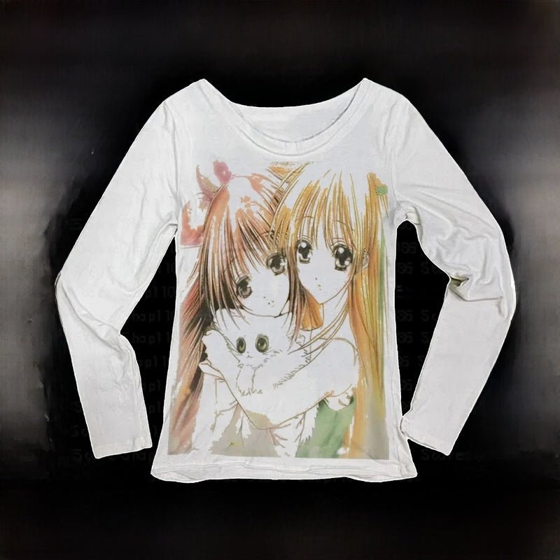 Long Sleeve Milk Silk Tshirt Retro Streetwear Top - RAINSTAR