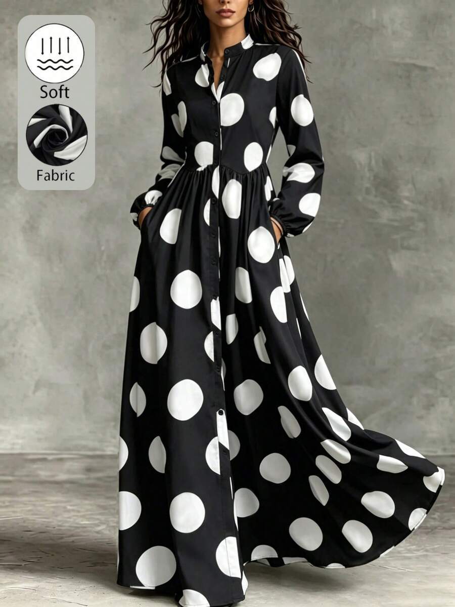 Polka Dot Stand Collar Long Sleeve Dress - RAINSTAR