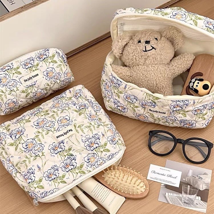 Quilted Cotton Floral Print Makeup Bag with Large Capacity for Travel - RAINSTAR