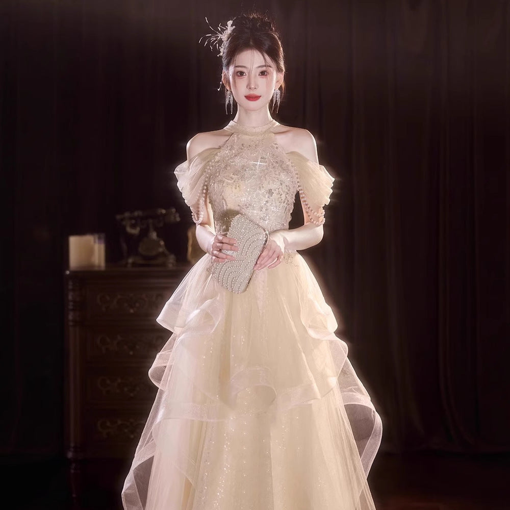 Elegant Champagne Halter Neck Long Evening Dress