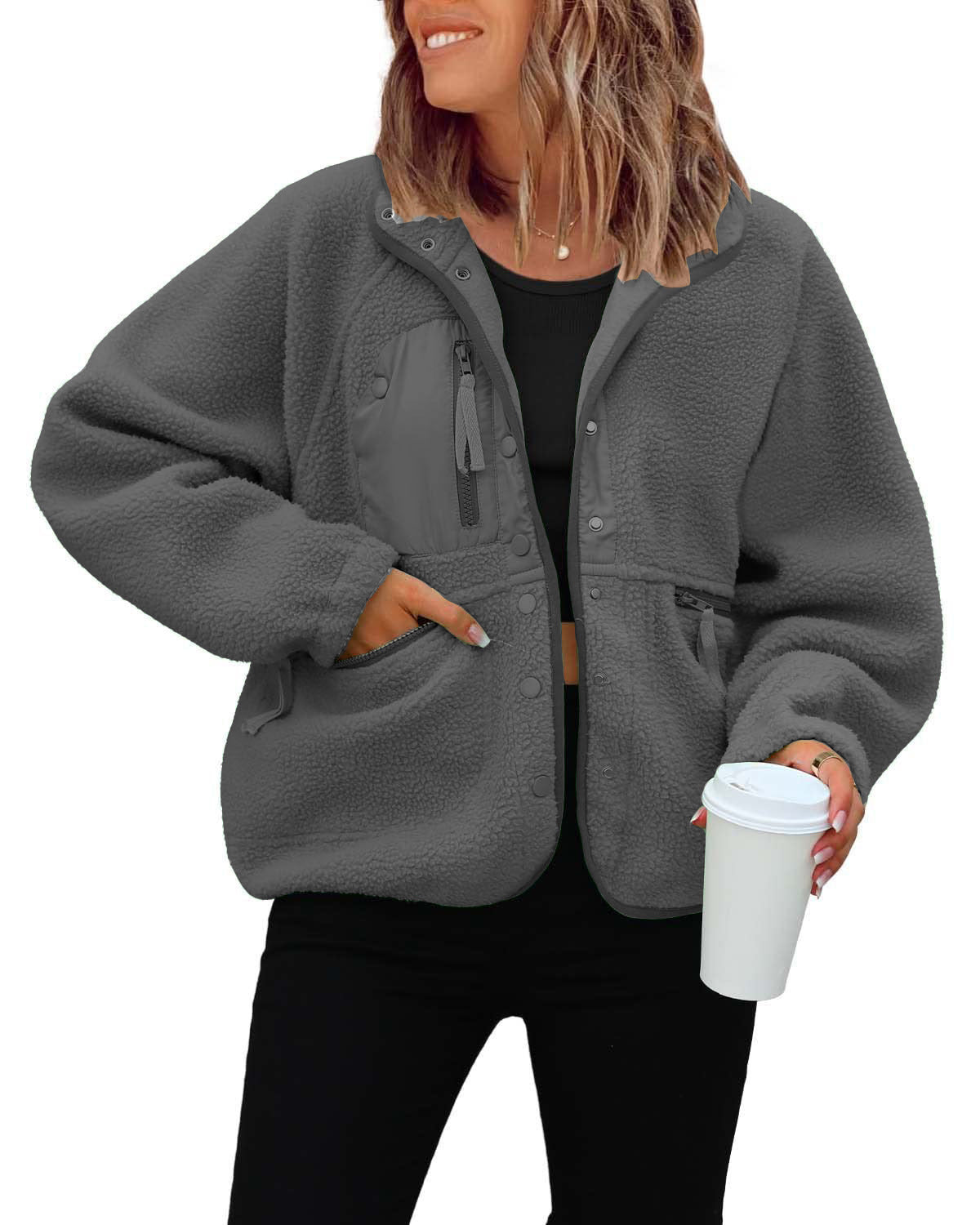 Women's woolen fleece button-down casual sport jacket