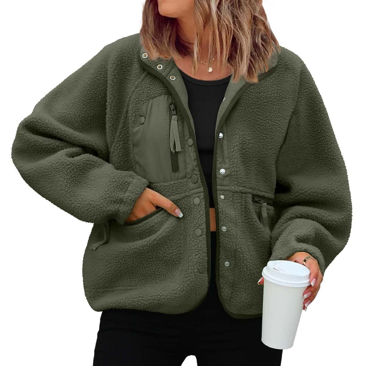Women's woolen fleece button-down casual sport jacket