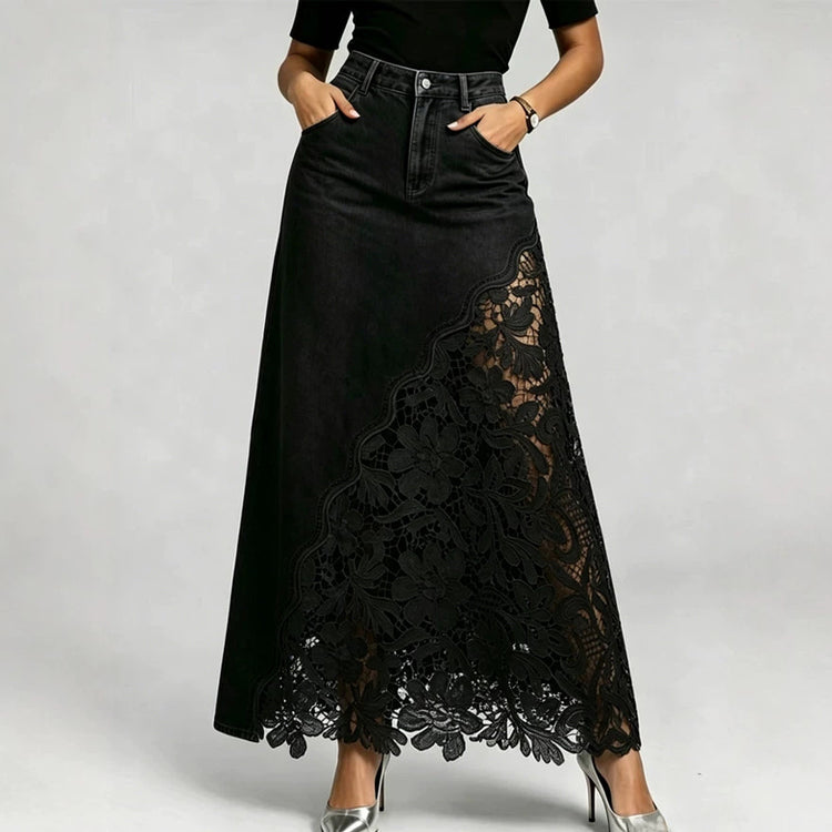 Lace Trim Denim Midi Skirt
