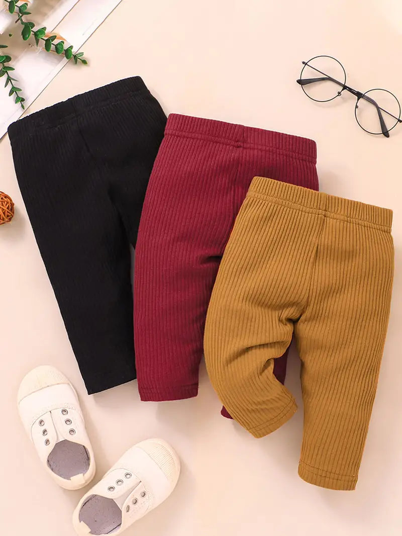 3pcs Baby Girls Solid Ribbed Cotton Leggings Set