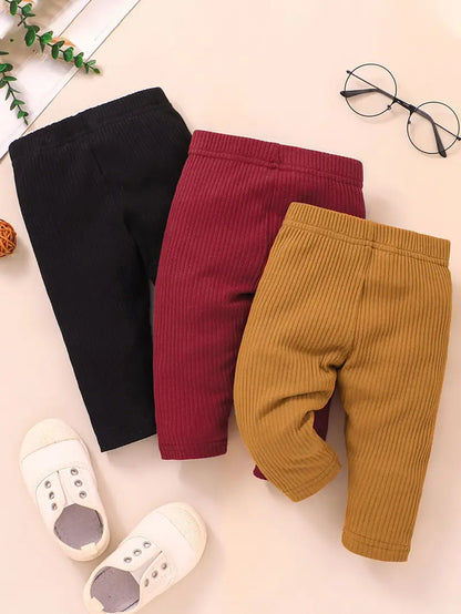 3pcs Baby Girls Solid Ribbed Cotton Leggings Set