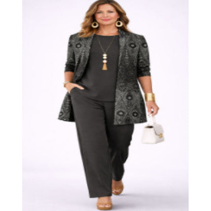 Womens Casual Printed Cardigan Long Sleeve Top and Pants Set