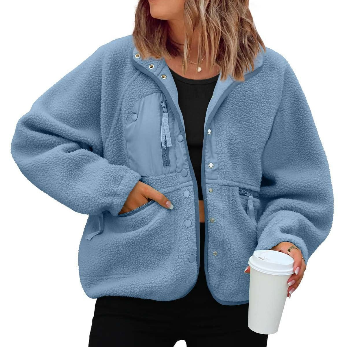 Women's woolen fleece button-down casual sport jacket