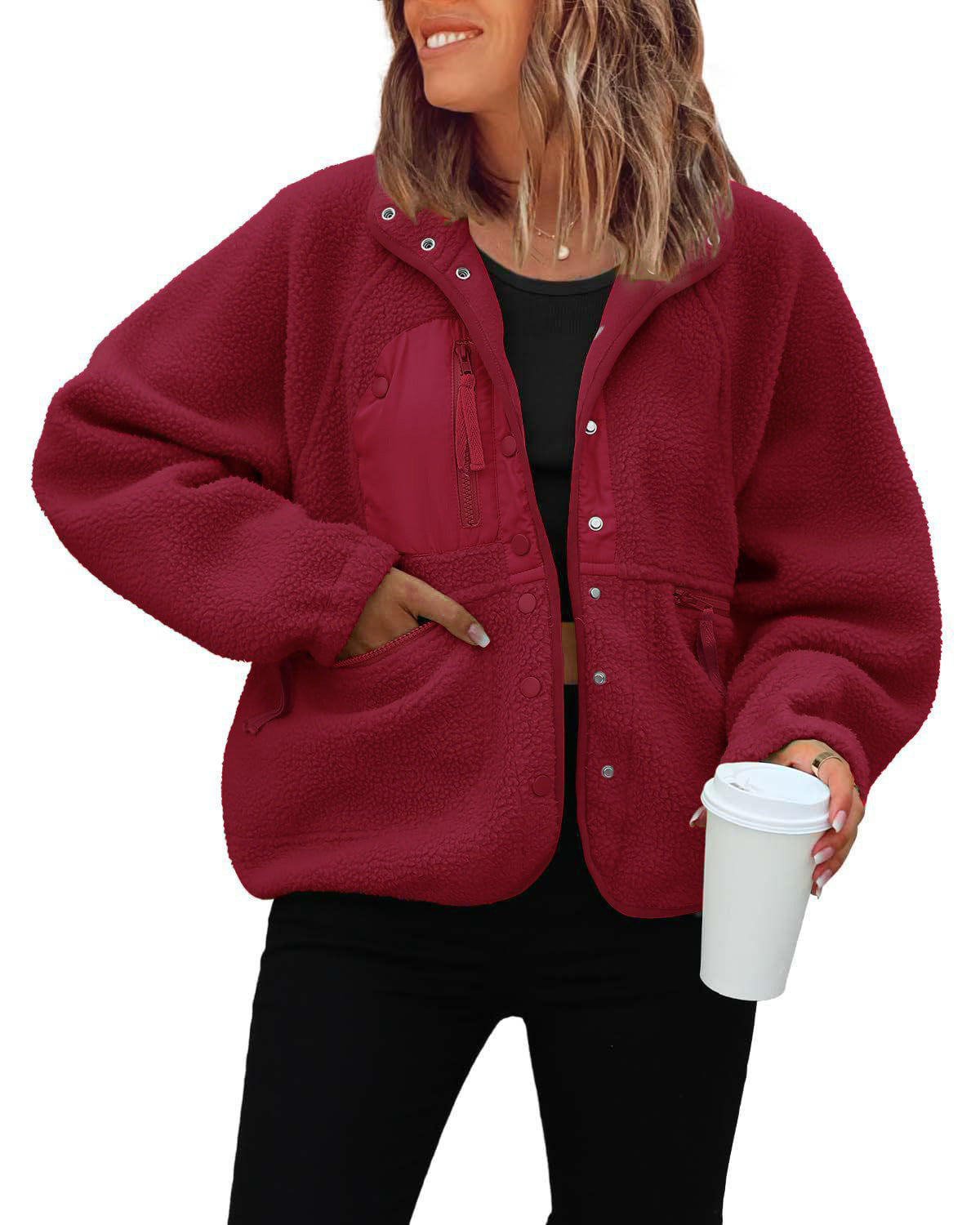 Women's woolen fleece button-down casual sport jacket
