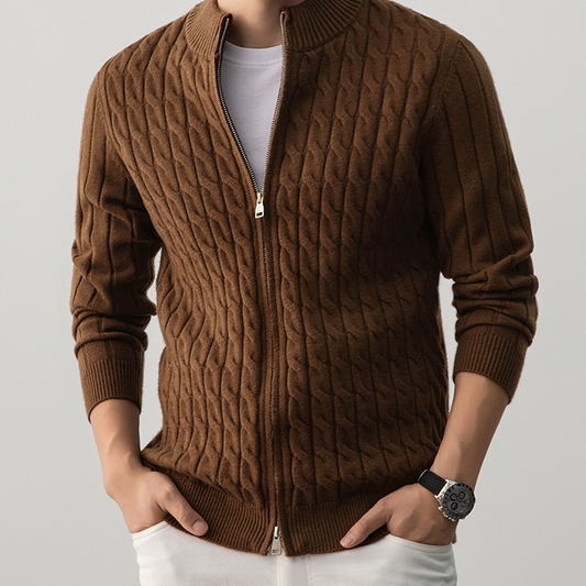 Men's button-down thick knitted cardigan with zipper closure
