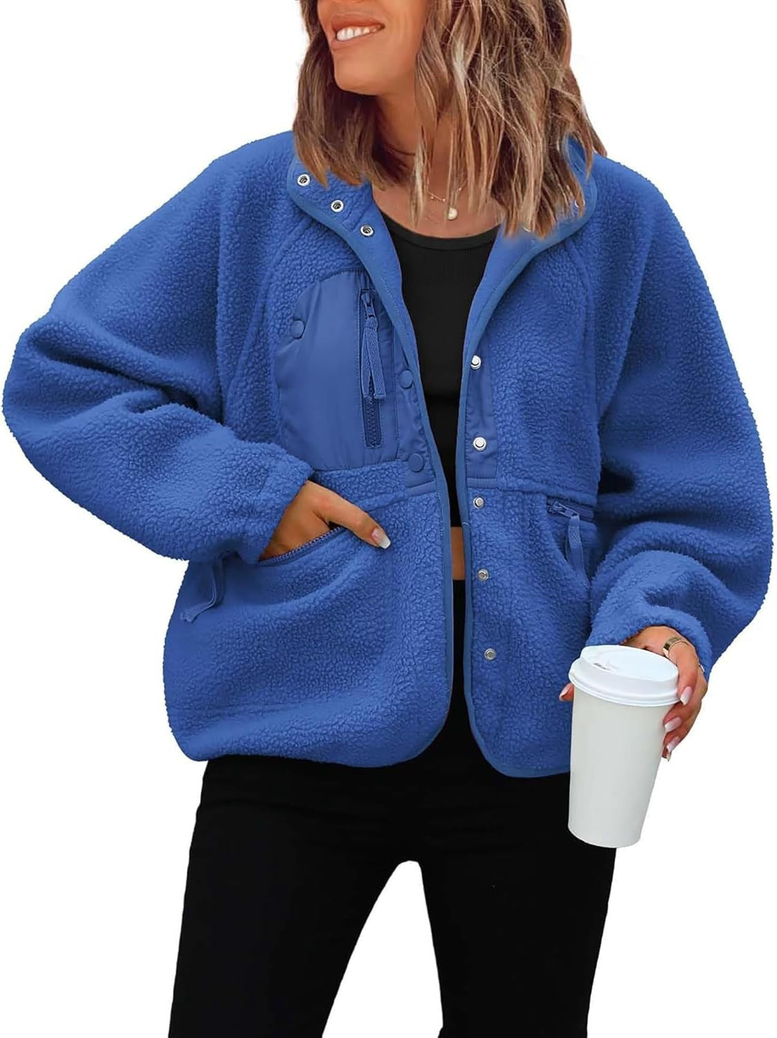 Women's woolen fleece button-down casual sport jacket