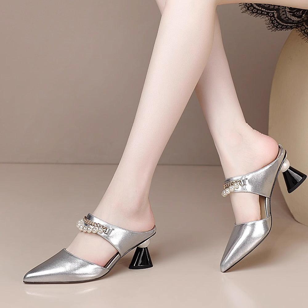 Fashion Pearl Chain Chunky Heel Sandals