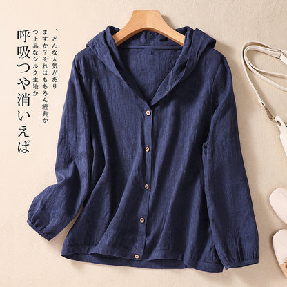 Cotton and Linen Shirts for Women in Spring and Autumn, Large Size Loose Shirts for Plus-Size Women, Hooded Cardigans, Long-Sleeved Tops, Casual and Versatile
