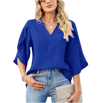 Womens Fashion Solid VNeck Chiffon Blouse