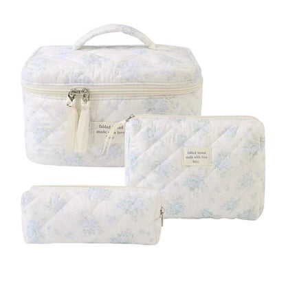 Quilted Cotton Floral Print Makeup Bag with Large Capacity for Travel
