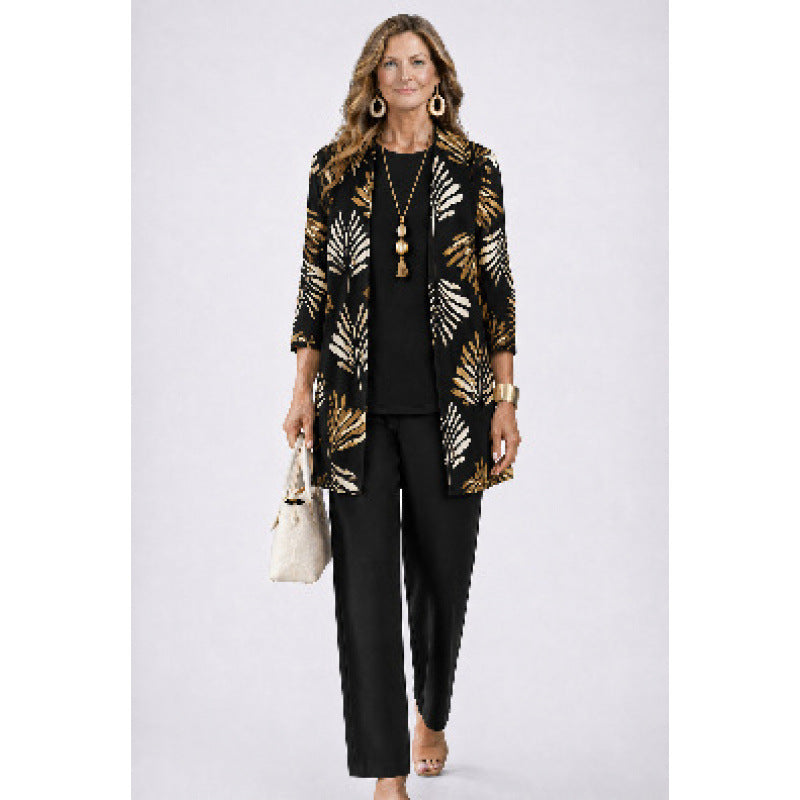 Womens Casual Printed Cardigan Long Sleeve Top and Pants Set