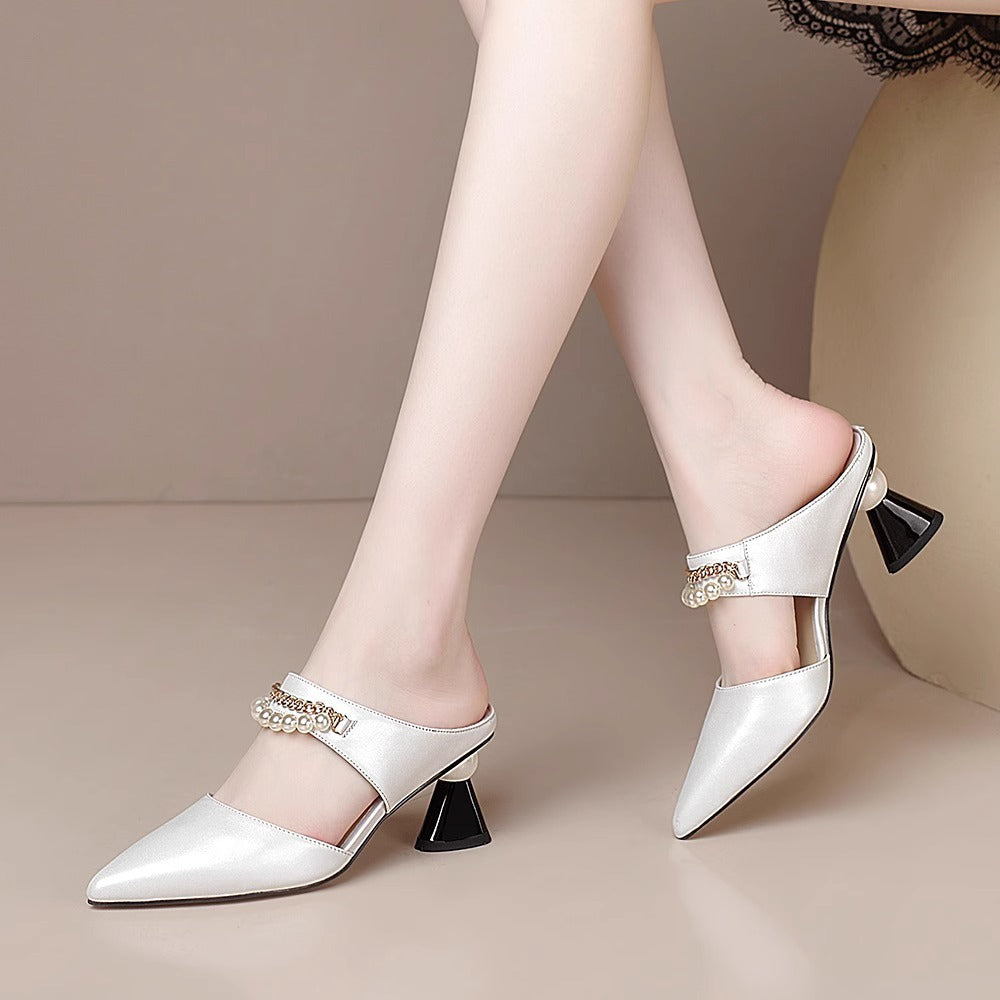 Fashion Pearl Chain Chunky Heel Sandals