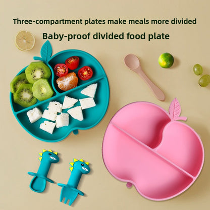 Cartoon Apple Silicone Baby Feeding Plate with Suction Cup