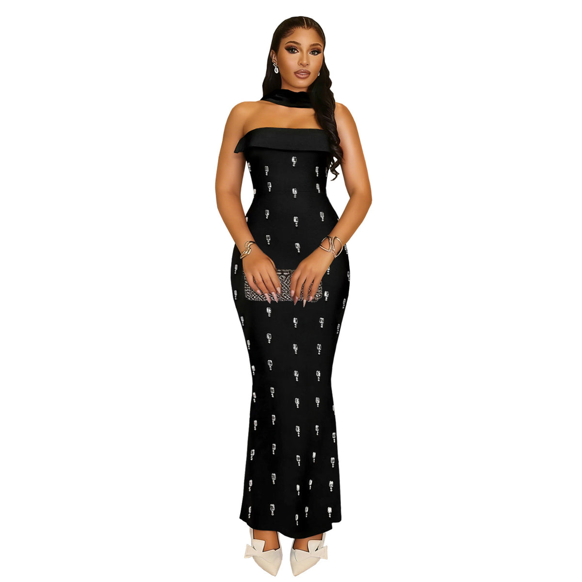 Elegant Strapless Rhinestone Ribbon Dress