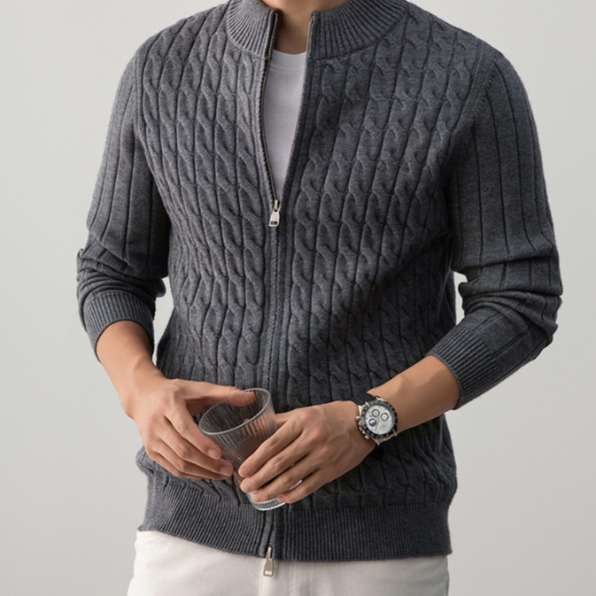 Men's button-down thick knitted cardigan with zipper closure