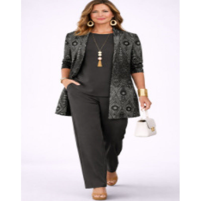 Womens Casual Printed Cardigan Long Sleeve Top and Pants Set