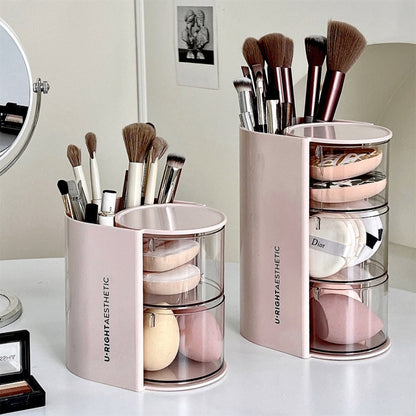 Rotating Makeup Brush Organizer with Powder Puff Storage