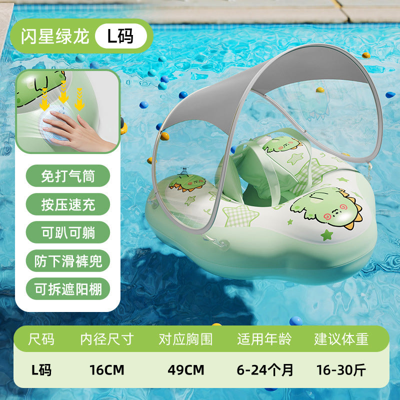 Inflatable Baby Swimming Ring with Canopy Sunshade Anti-Rollover Underarm Support for Children