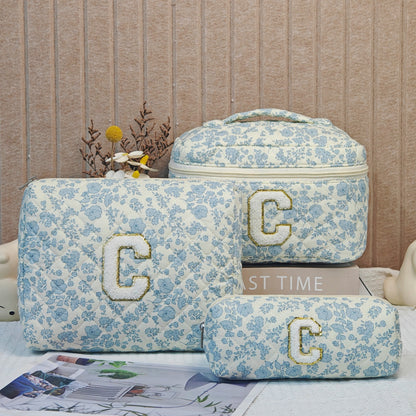 Quilted Cotton Floral Print Makeup Bag with Large Capacity for Travel