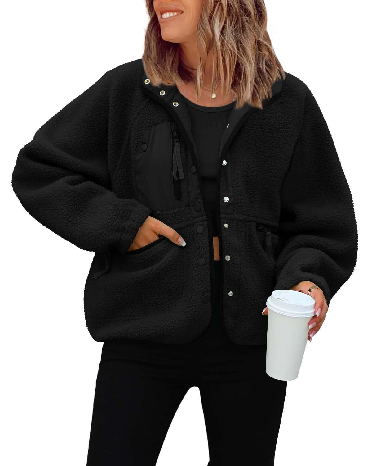 Women's woolen fleece button-down casual sport jacket