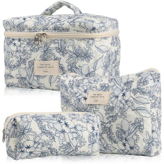 Quilted Cotton Floral Print Makeup Bag with Large Capacity for Travel