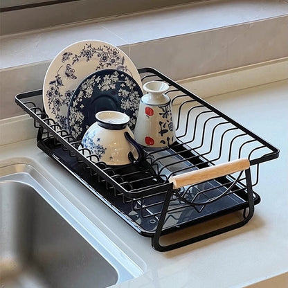 Multi-Functional Stainless Steel Kitchen Dish Drain Rack with Wood Handle