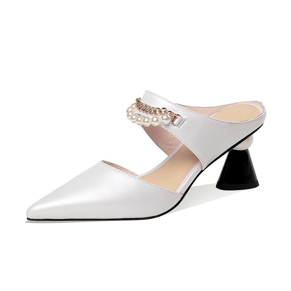 Fashion Pearl Chain Chunky Heel Sandals
