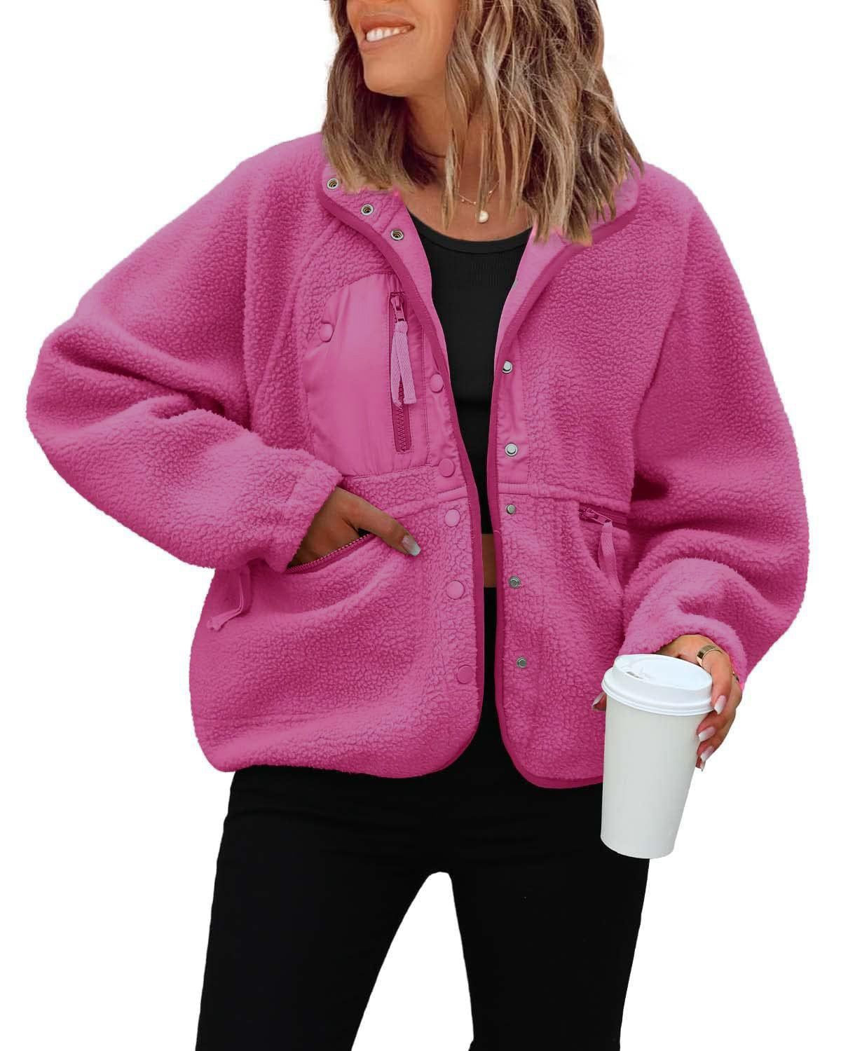 Women's woolen fleece button-down casual sport jacket