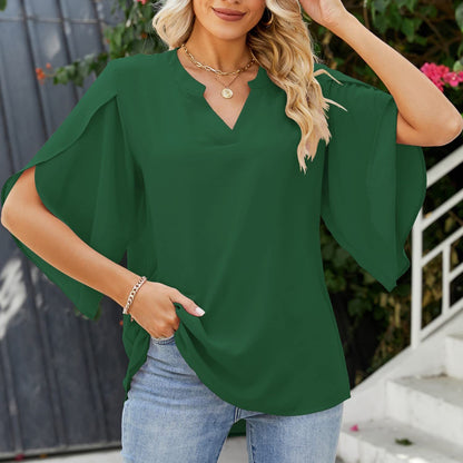Womens Fashion Solid VNeck Chiffon Blouse