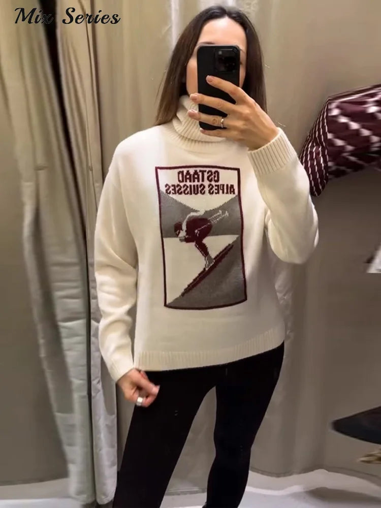Vintage Ski Pattern Sweater Women's Loose Turtleneck Long Sleeve Knitting Warm Pullover 2026 Spring New Lady Fashion Streetwear image 4